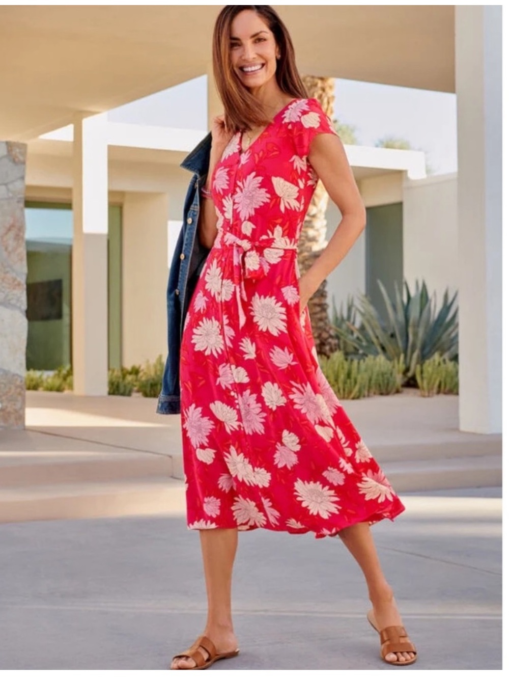 Talbots Fuchsia Red Floral Wrap Midi Dress Flattering V neck